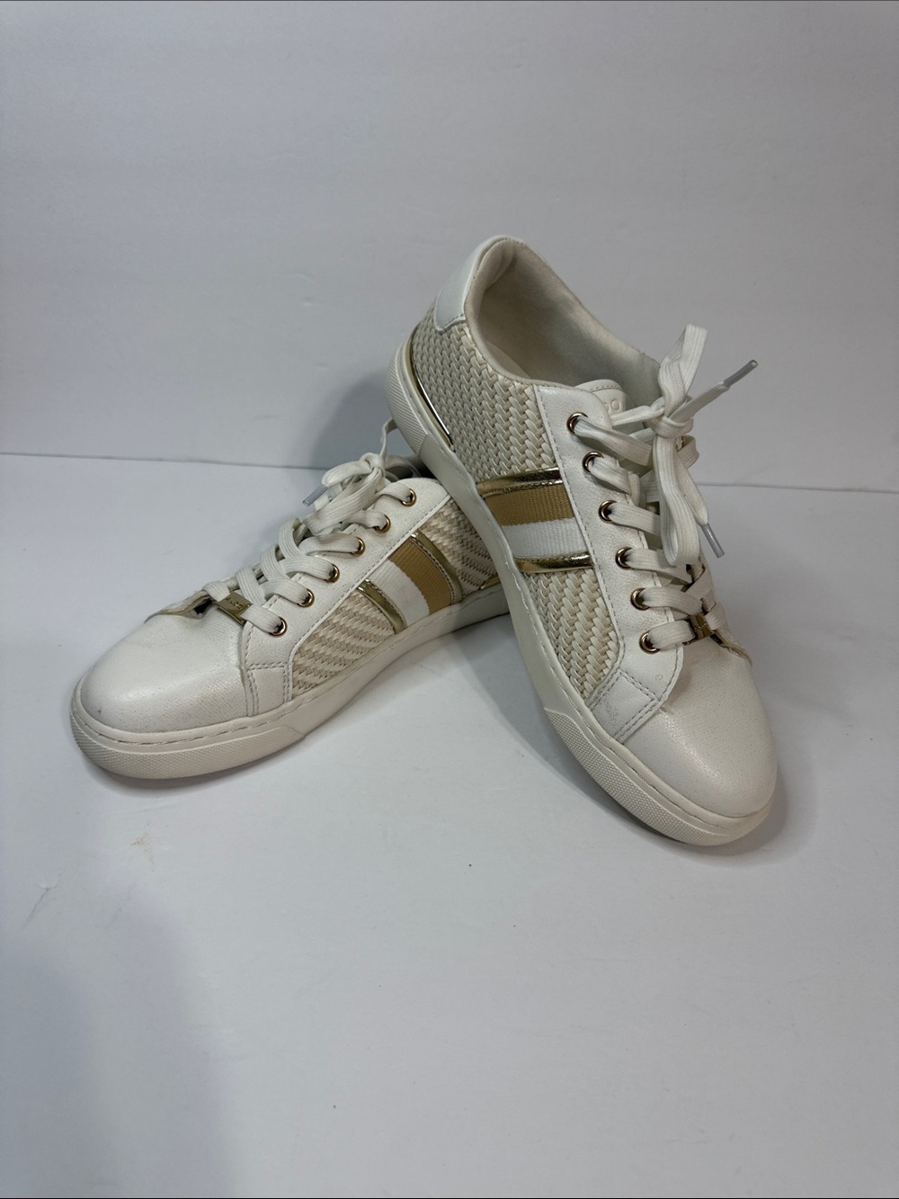Aldo Cream Sneakers with Metallic Gold Stripe Accent